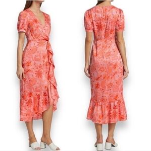 Cinq À Sept Kay Faux Wrap Pink Floral Ruffle Midi Dress Size 0 NWT $395